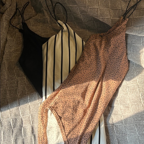 gaze Tops - Gaze Black, Striped, and Brown Bodysuit Set